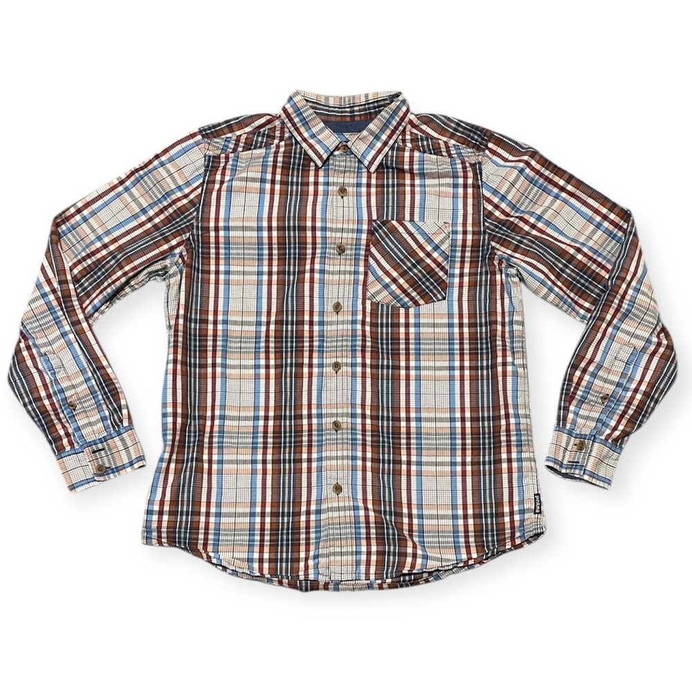 Men’s Prana Plaid Shirt Red White Blue Size Medium Outdoor Gorpcore Hiking